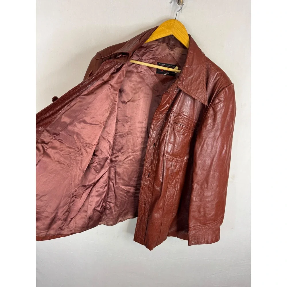 Vintage 70s HBC Baymark  Brown Leather Jacket Pointed Collar 70s Men 44